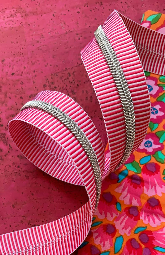 Pink Stripe Zipper Tape with Nickel Teeth