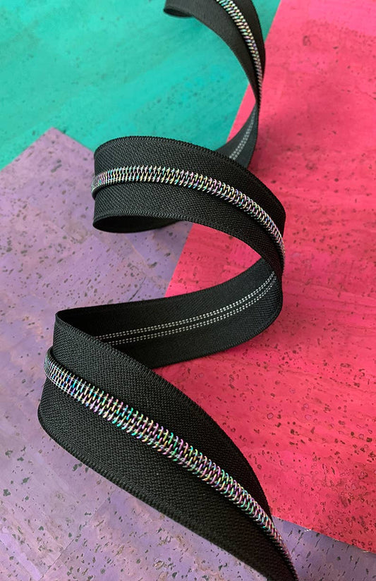 Black Zipper Tape with Iridescent Teeth