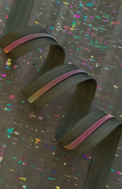 Black Zipper Tape with Rainbow Teeth