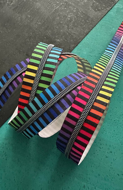Wide Rainbow Stripe Zipper Tape with Iridescent Teeth