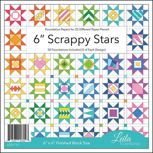 6" Scrappy Stars Foundation Paper Piecing Pattern by Leila Gardunia.