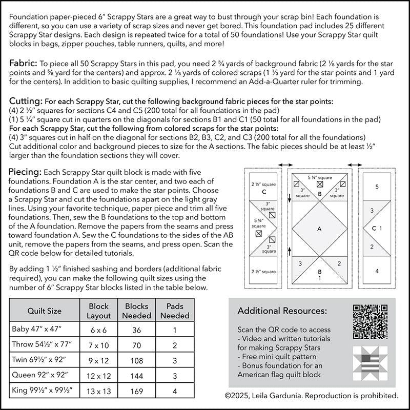 6" Scrappy Stars Foundation Paper Piecing Pattern by Leila Gardunia.