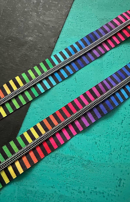 Wide Rainbow Stripe Zipper Tape with Iridescent Teeth