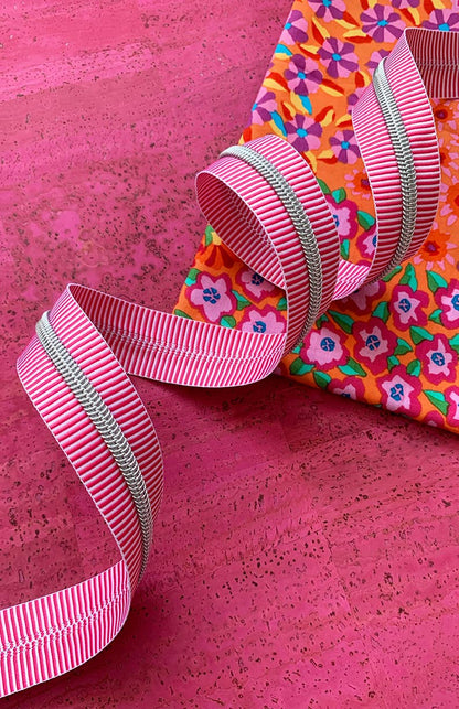 Pink Stripe Zipper Tape with Nickel Teeth