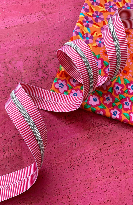 Pink Stripe Zipper Tape with Nickel Teeth